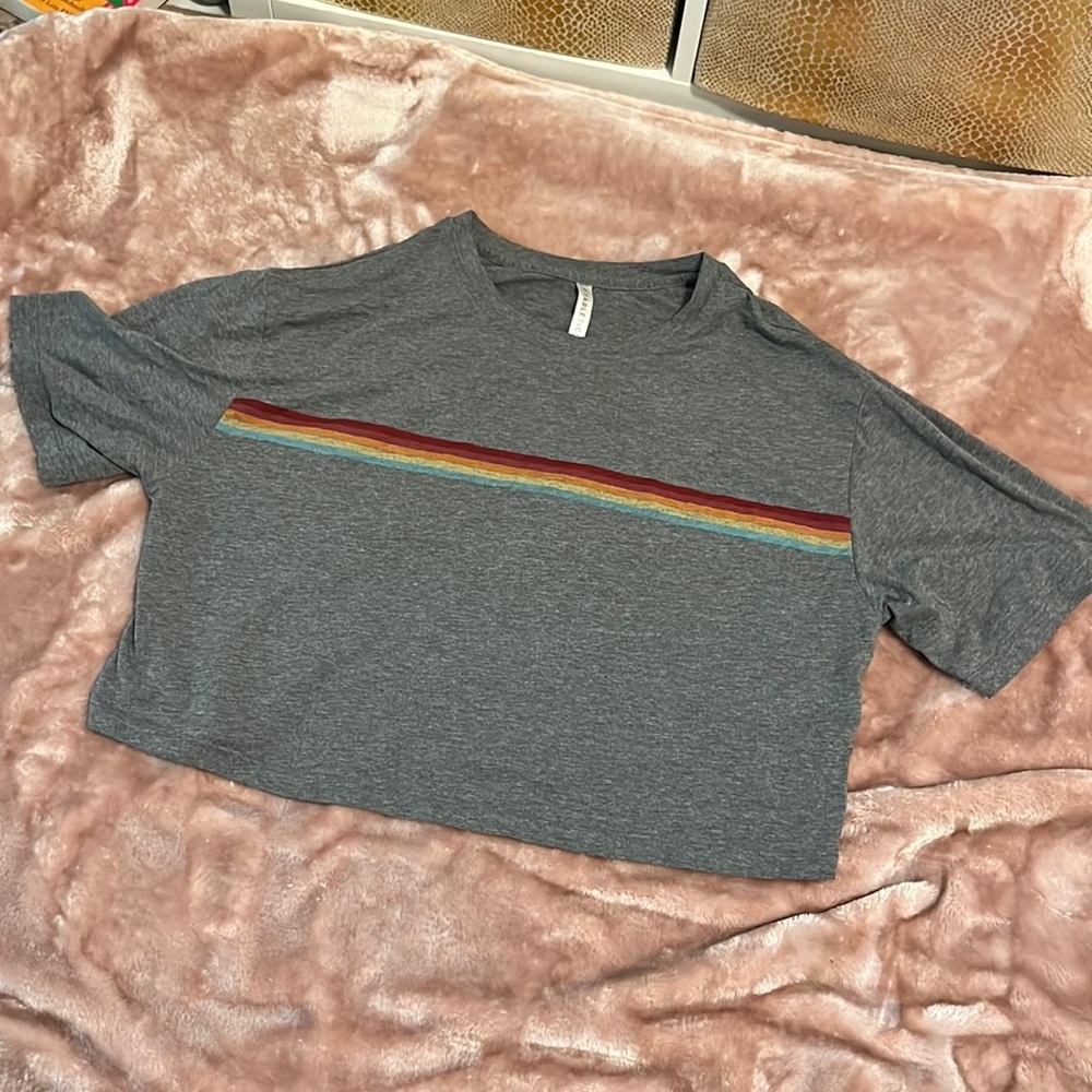 Fabletics gray rainbow striped crop top